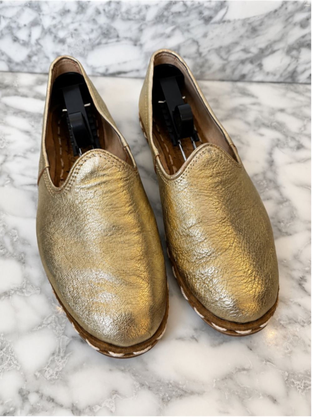 Sabah Cin Cin Metallic Gold Champagne Leather Shoes Women 38 US 7 Handmade